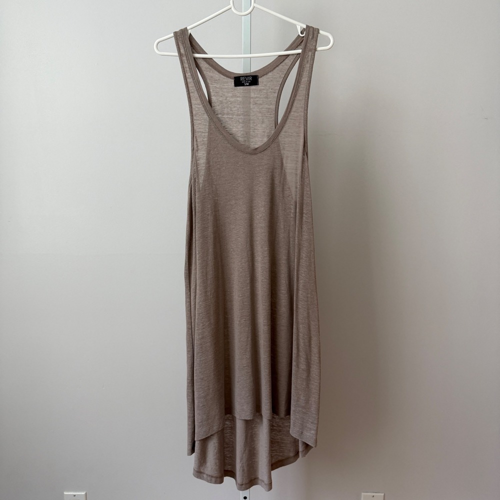REVIR Linen Relaxed Boho Beachy Slouchy High Low Racerback Tank Dress S/M Taupe